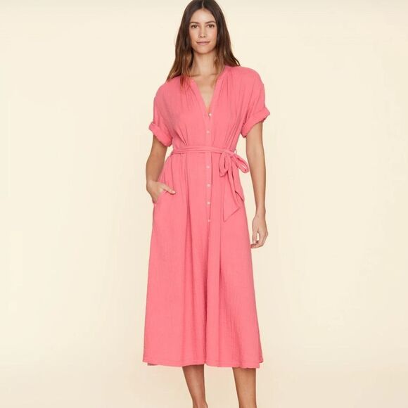 Xirena 100% Cotton Chelsea Gauze Pink Charm Cate Midi Dress with Pockets Size XS - Picture 1 of 14